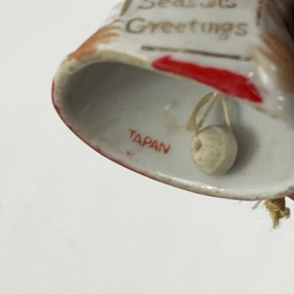 Vintage Japan Santa Bell Ornament Ceramic Red White “Seasons Greetings” 1.75" - Picture 7 of 9